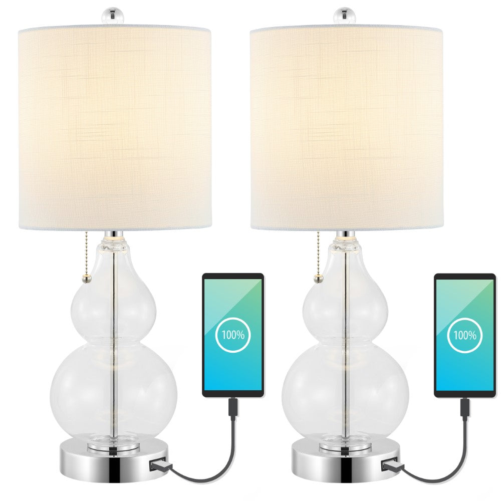 Bonnie 22" Classic Vintage Glass LED Table Lamp with USB Charging Port Set 2