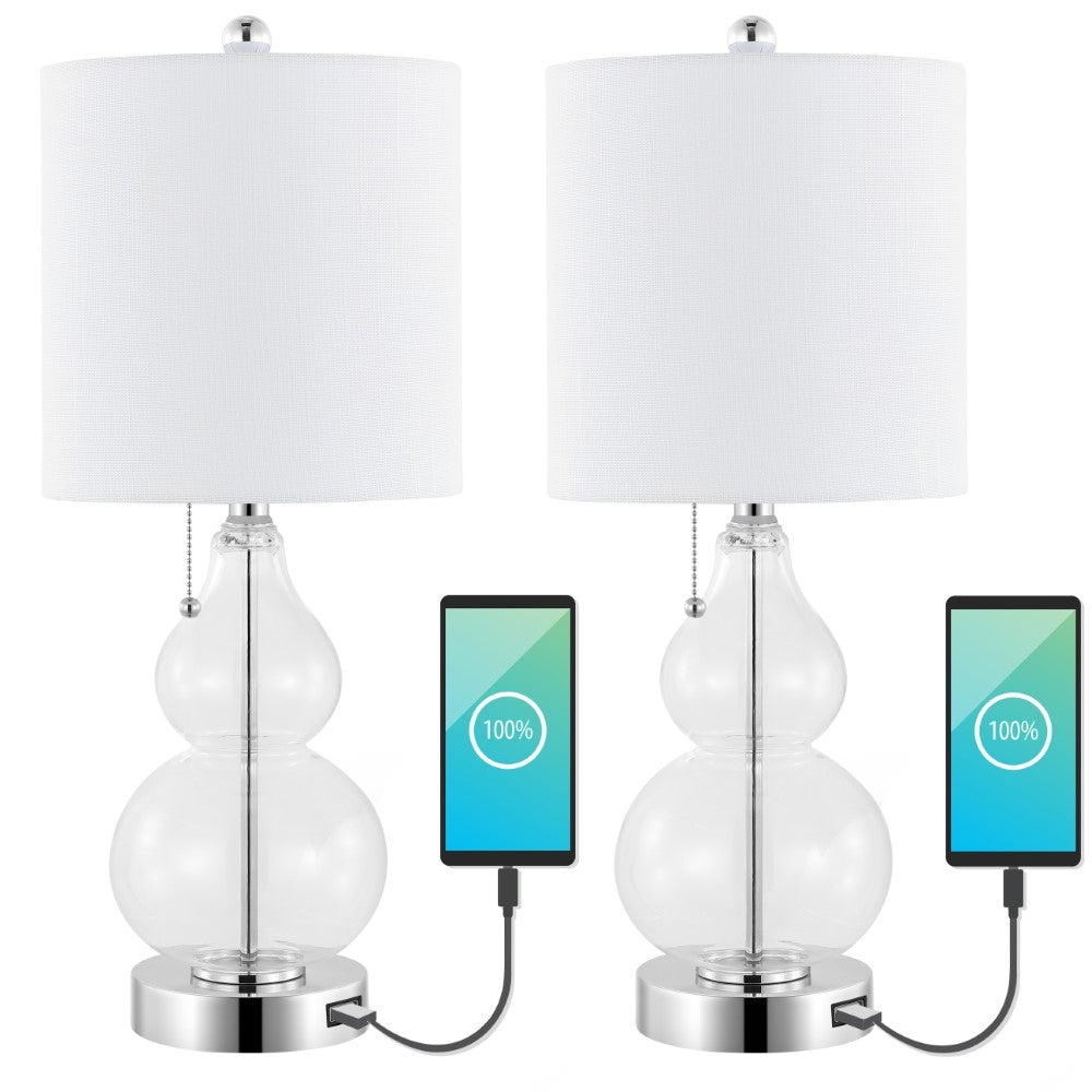 Bonnie 22" Classic Vintage Glass LED Table Lamp with USB Charging Port Set 2