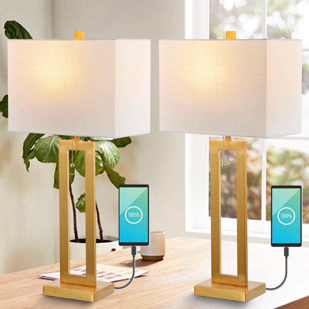 Abner 28.5" Vintage Industrial Iron LED Table Lamp with Pull-Chain and USB Charging Port Set 2