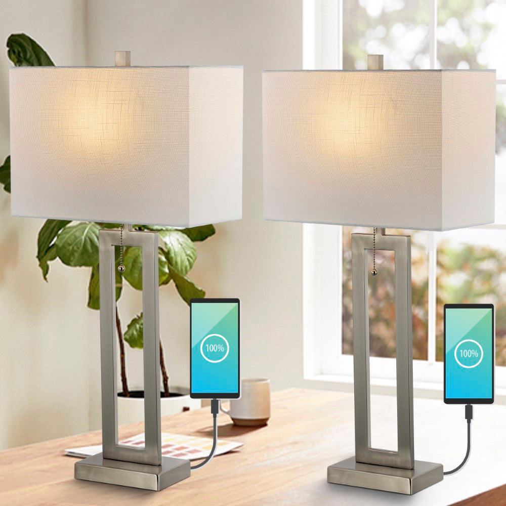 Abner 28.5" Vintage Industrial Iron LED Table Lamp with Pull-Chain and USB Charging Port Set 2