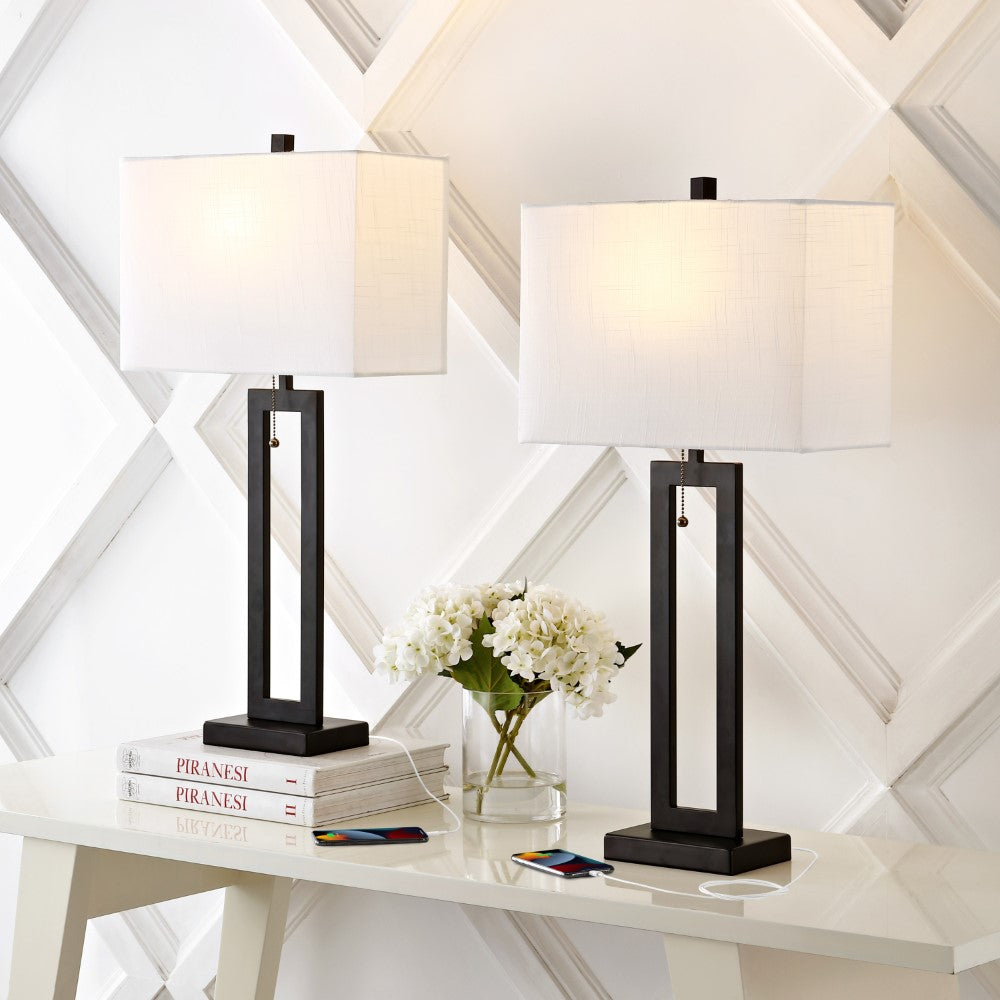 Abner 28.5" Vintage Industrial Iron LED Table Lamp with Pull-Chain and USB Charging Port Set 2