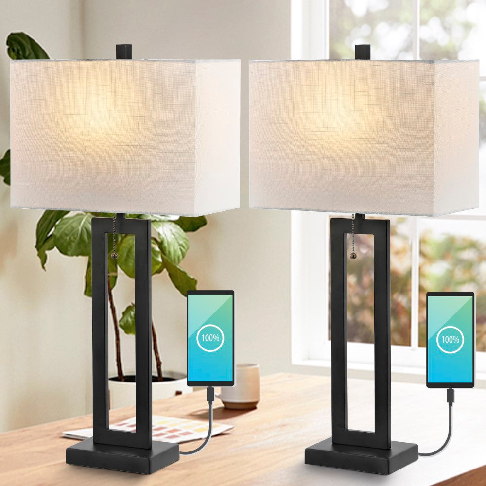 Abner 28.5" Vintage Industrial Iron LED Table Lamp with Pull-Chain and USB Charging Port Set 2