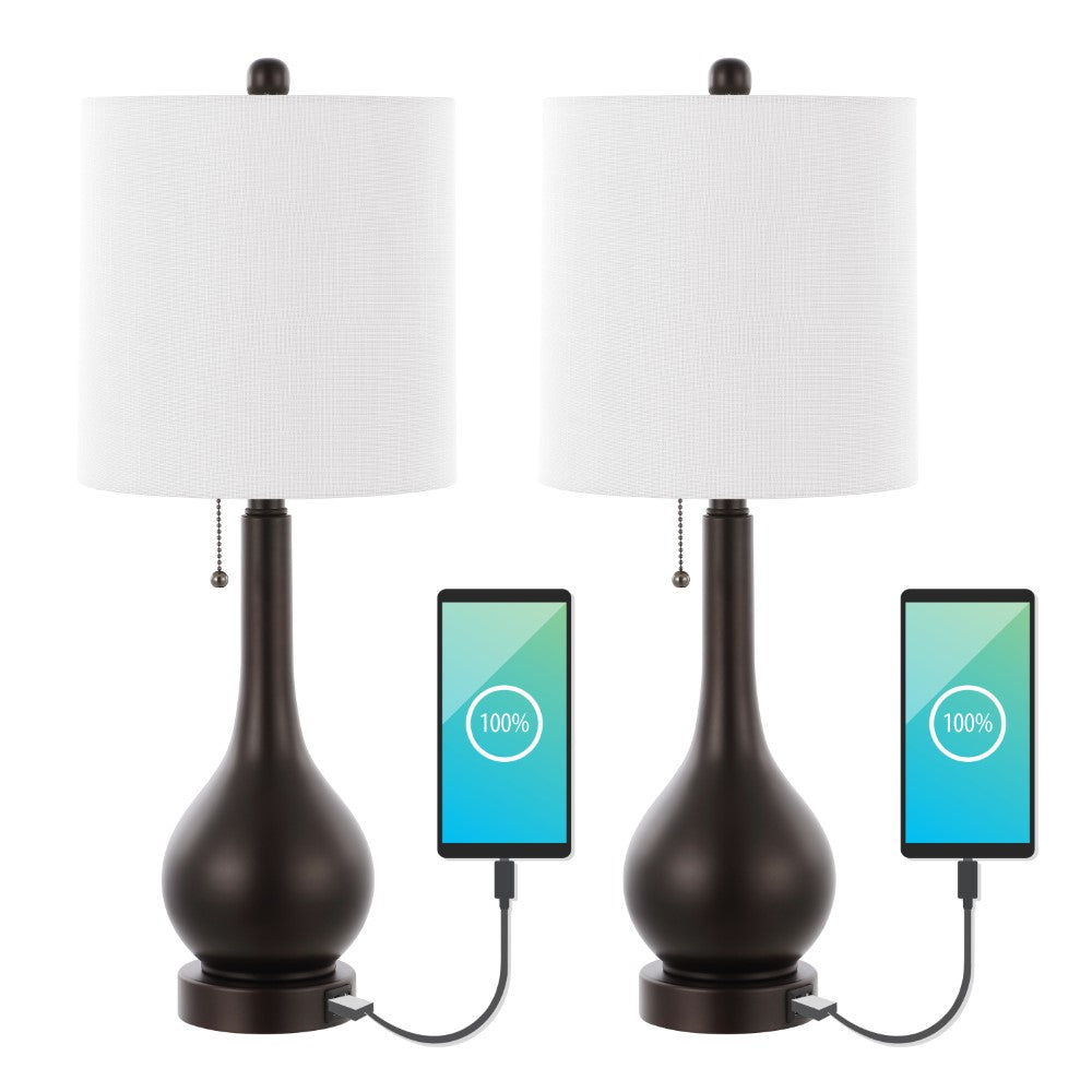 Jacek 24" Modern Classic Gourd Iron LED Table Lamp with Pull-Chain with Dual USB Charging Port Set 2