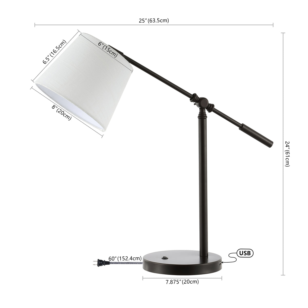 wind 24" Classic Contemporary Iron LED Task Lamp with USB Charging Port