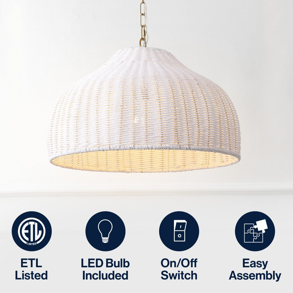 Eliza 20" Coastal Bohemian Rattan/Iron Dome LED Pendant
