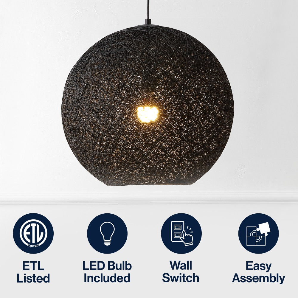 Lacey Bohemian Minimalist Iron/Rope Woven Globe LED Pendant