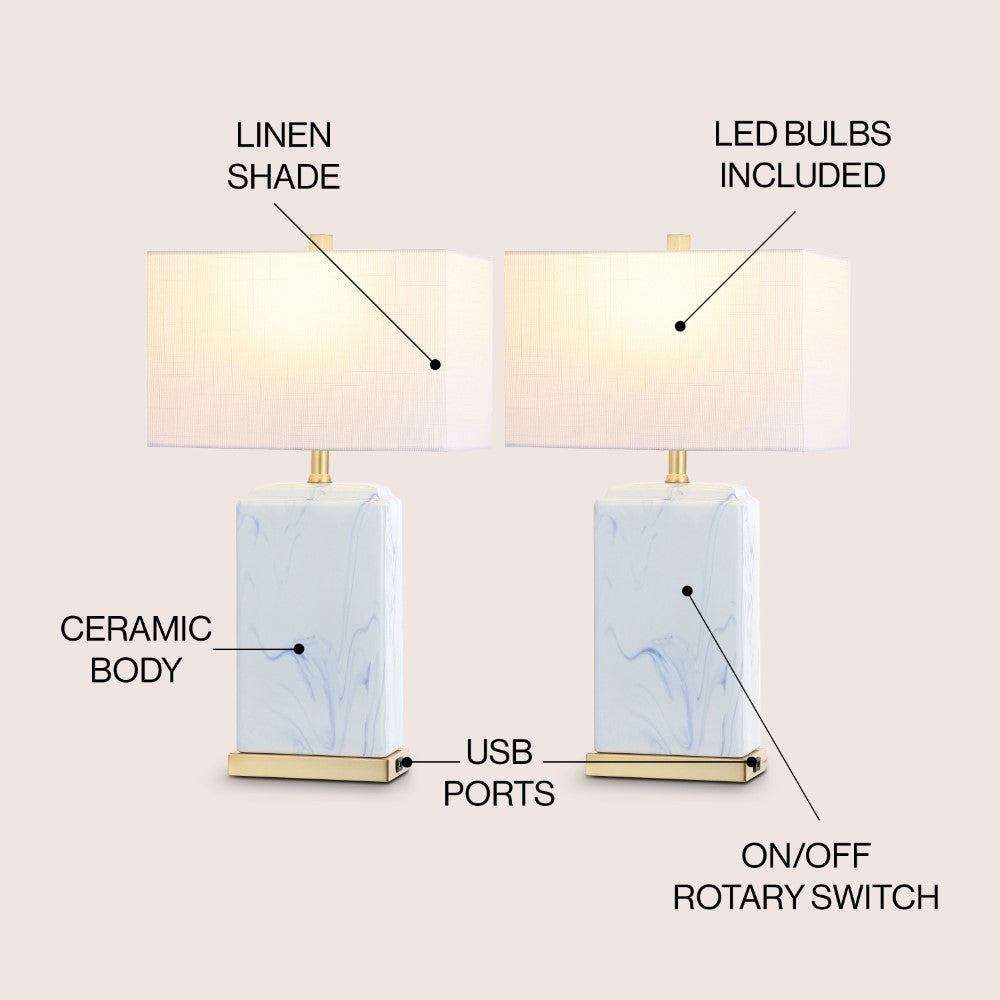 Cranberry 24.5" Modern Coastal Iron/Marbled Ceramic LED Table Lamp with USB Charging Port Set 2