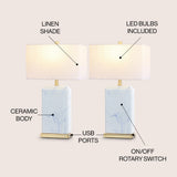 Cranberry 24.5" Modern Coastal Iron/Marbled Ceramic LED Table Lamp with USB Charging Port Set 2