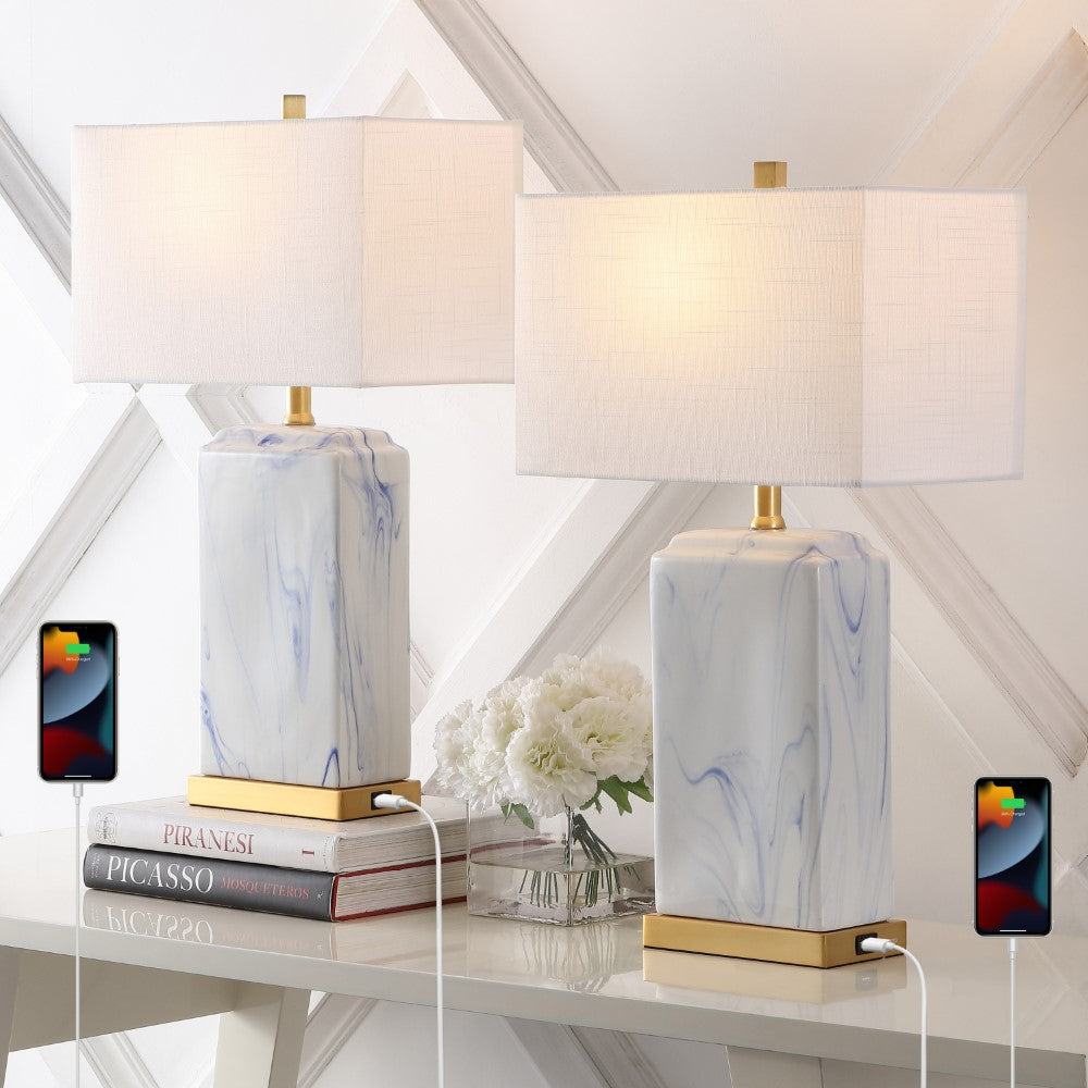 Cranberry 24.5" Modern Coastal Iron/Marbled Ceramic LED Table Lamp with USB Charging Port Set 2
