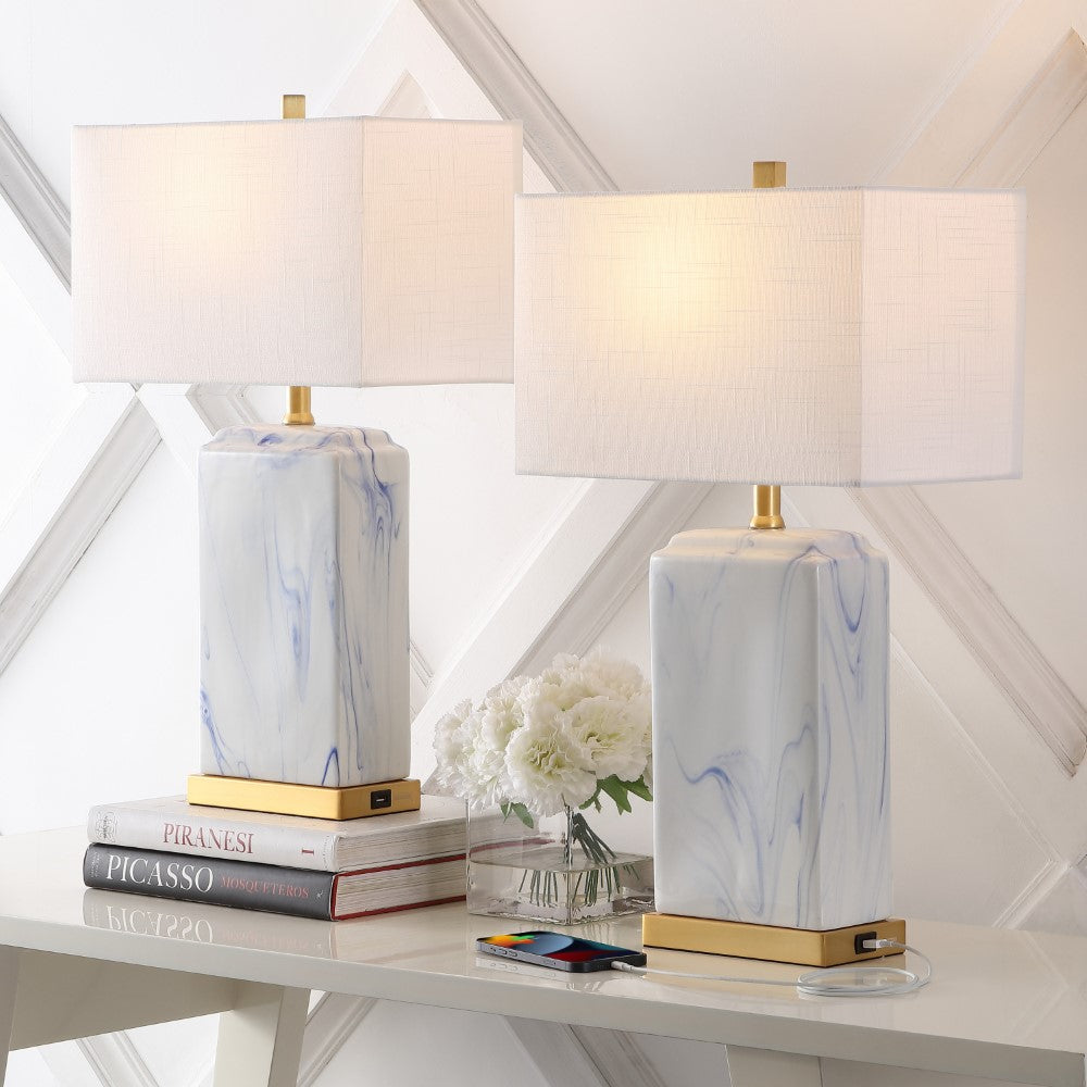 Cranberry 24.5" Modern Coastal Iron/Marbled Ceramic LED Table Lamp with USB Charging Port Set 2