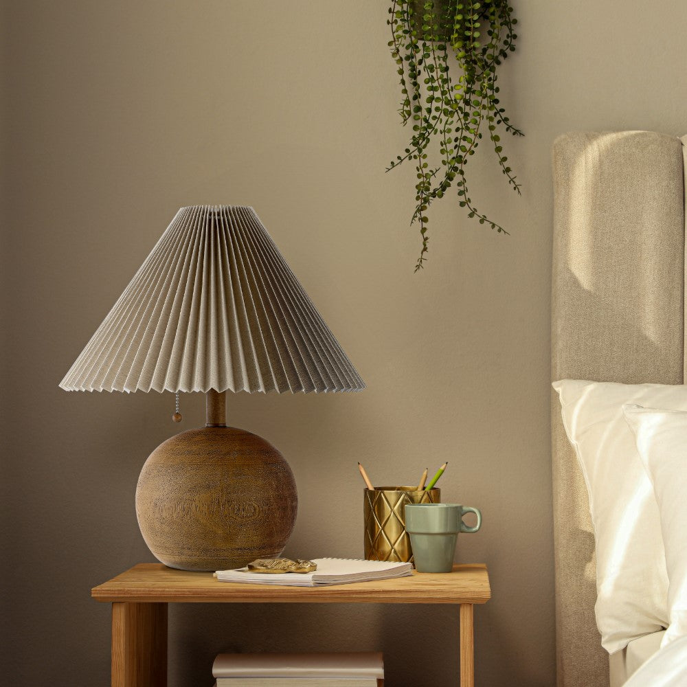 Nordic 17.25" Coastal Scandinavian Resin/Iron Sphere LED Table Lamp with Pleated Shade and Pull Chain