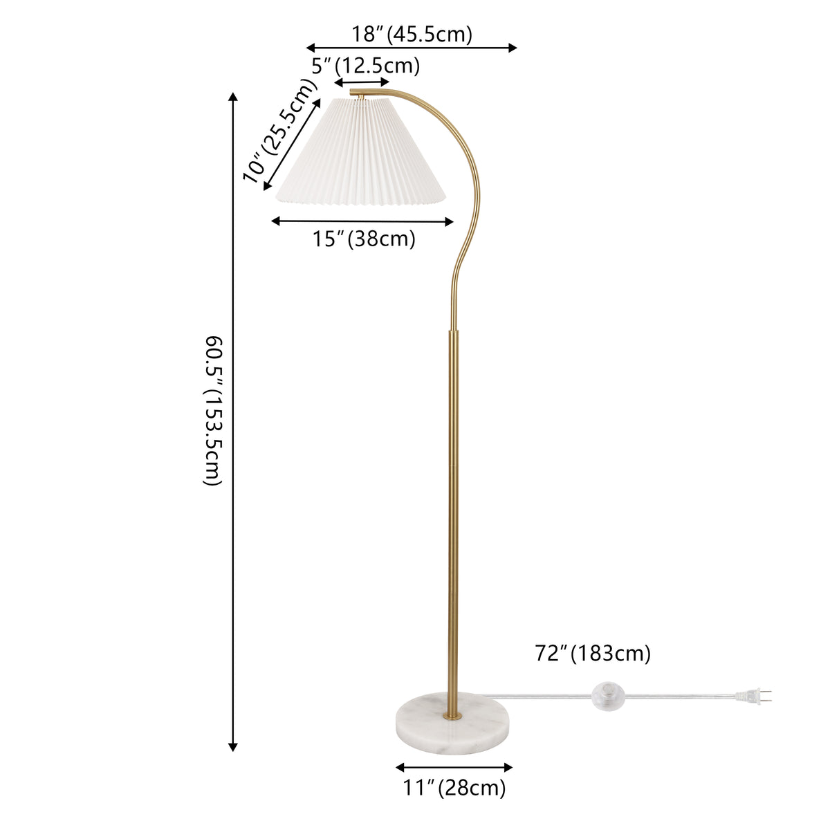 Homesake 60.5" Modern Glam Metal Arc LED Floor Lamp with Pleated Shade