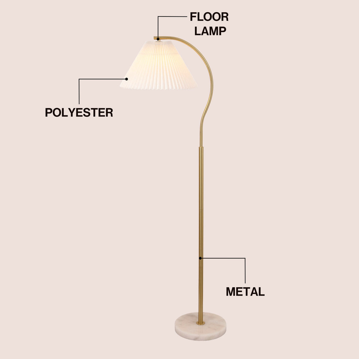 Homesake 60.5" Modern Glam Metal Arc LED Floor Lamp with Pleated Shade