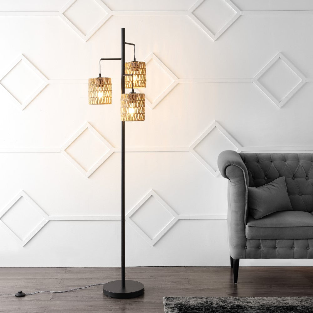 Sucolite 70.75" 3-Light Mid-Century Bohemian Metal/Rope LED Floor Lamp