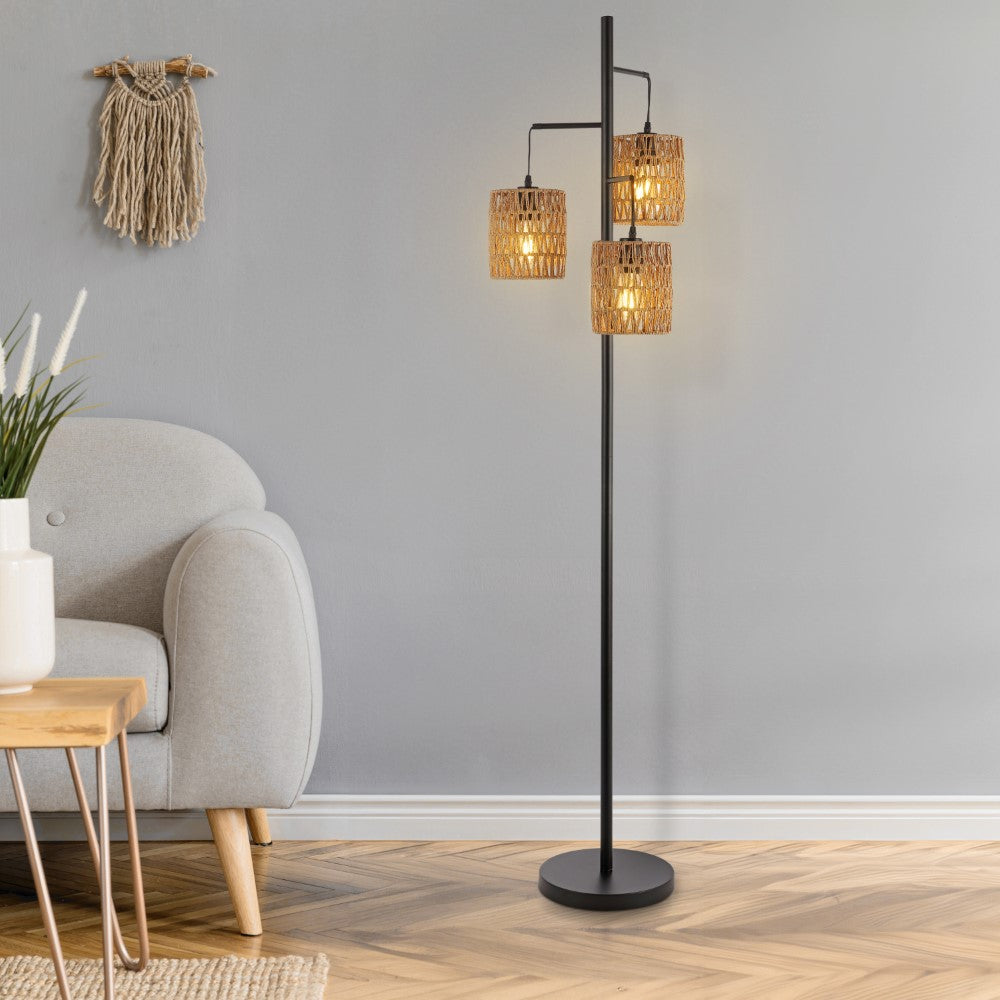 Sucolite 70.75" 3-Light Mid-Century Bohemian Metal/Rope LED Floor Lamp