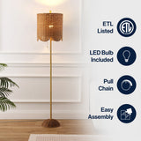 Elyzo 63.5" Coastal Bohemian Scallop Shade Rattan/Metal LED Floor Lamp with Pull Chain