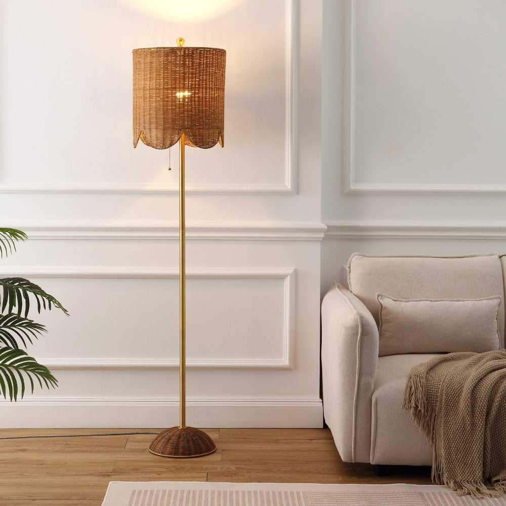 Elyzo 63.5" Coastal Bohemian Scallop Shade Rattan/Metal LED Floor Lamp with Pull Chain