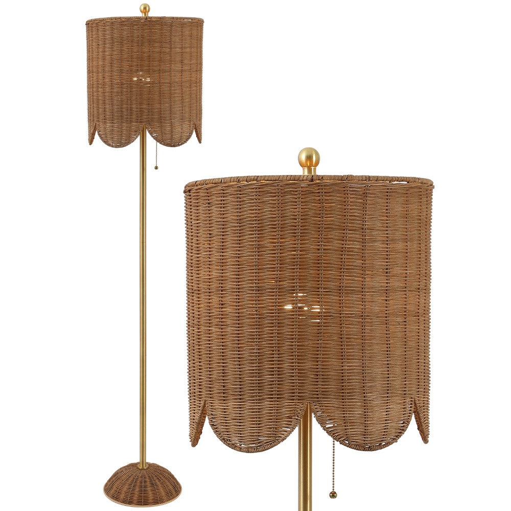 Elyzo 63.5" Coastal Bohemian Scallop Shade Rattan/Metal LED Floor Lamp with Pull Chain