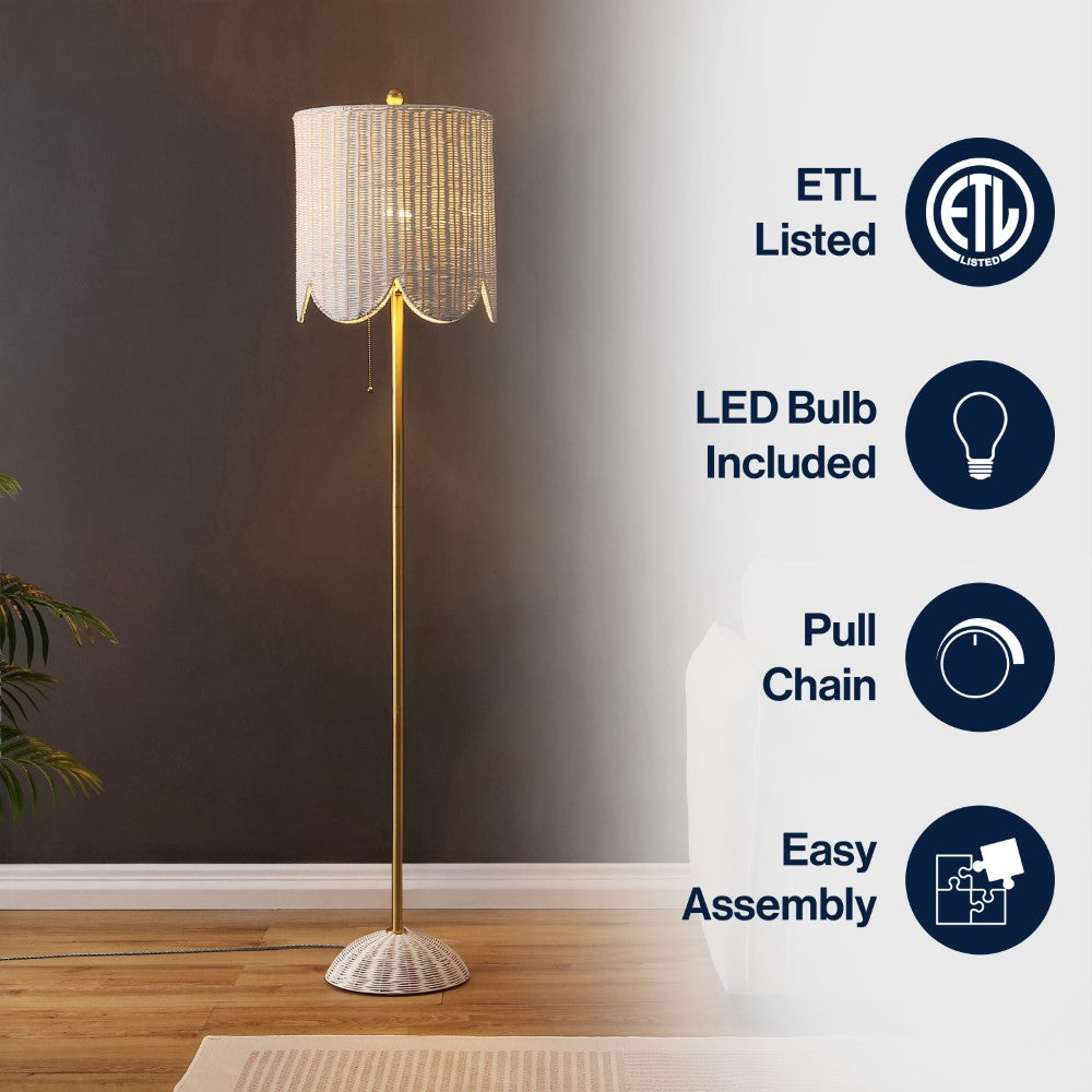 Elyzo 63.5" Coastal Bohemian Scallop Shade Rattan/Metal LED Floor Lamp with Pull Chain