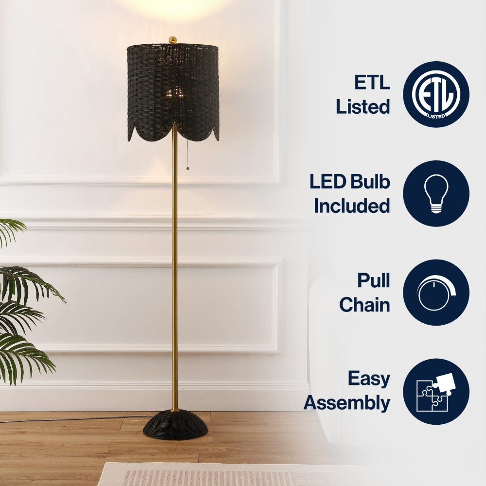 Elyzo 63.5" Coastal Bohemian Scallop Shade Rattan/Metal LED Floor Lamp with Pull Chain