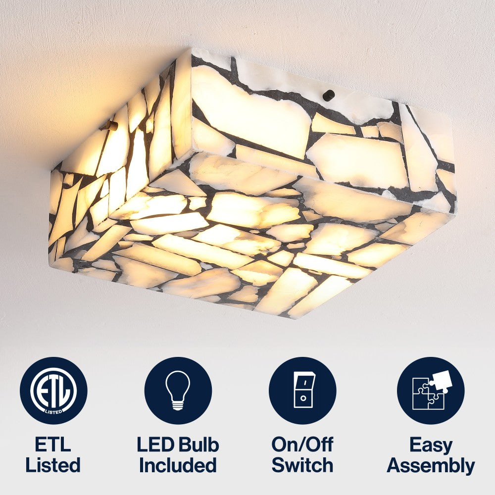 Stain 13" 2-Light Modern Contemporary Alabaster/Iron Square LED Flush Mount