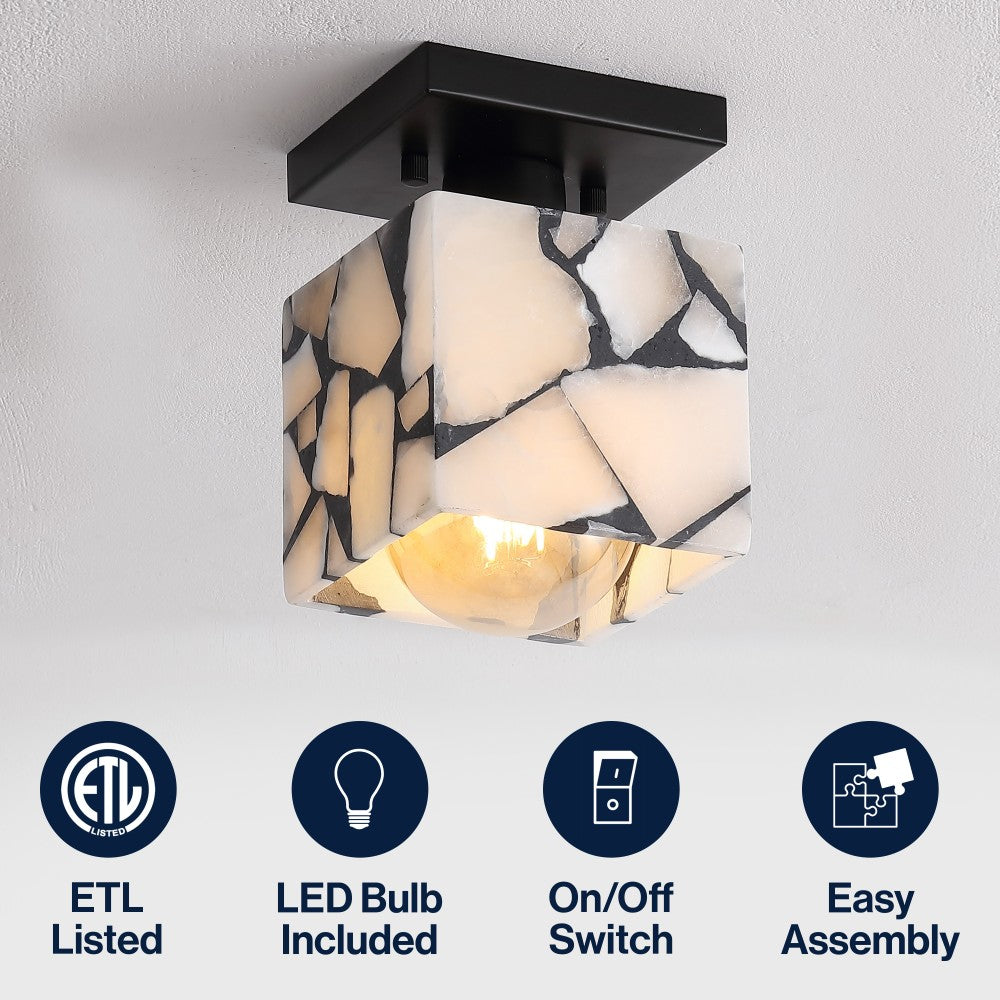 Alabaster 5" 1-Light Modern Contemporary Alabaster/Iron Cube LED Semi Flush Mount