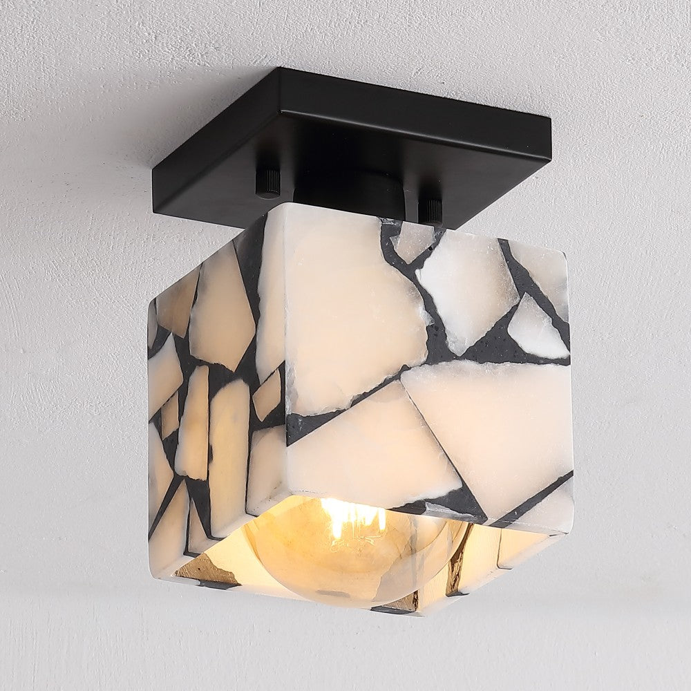 Alabaster 5" 1-Light Modern Contemporary Alabaster/Iron Cube LED Semi Flush Mount