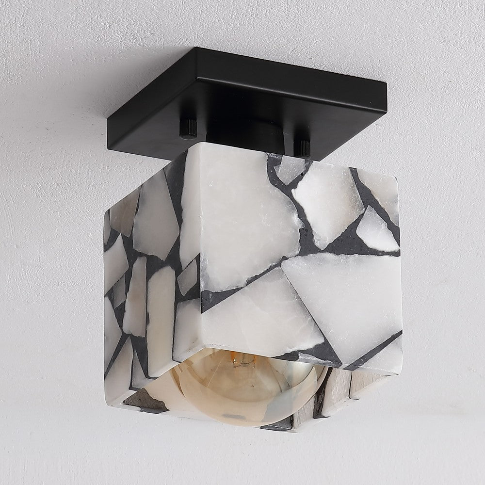 Alabaster 5" 1-Light Modern Contemporary Alabaster/Iron Cube LED Semi Flush Mount