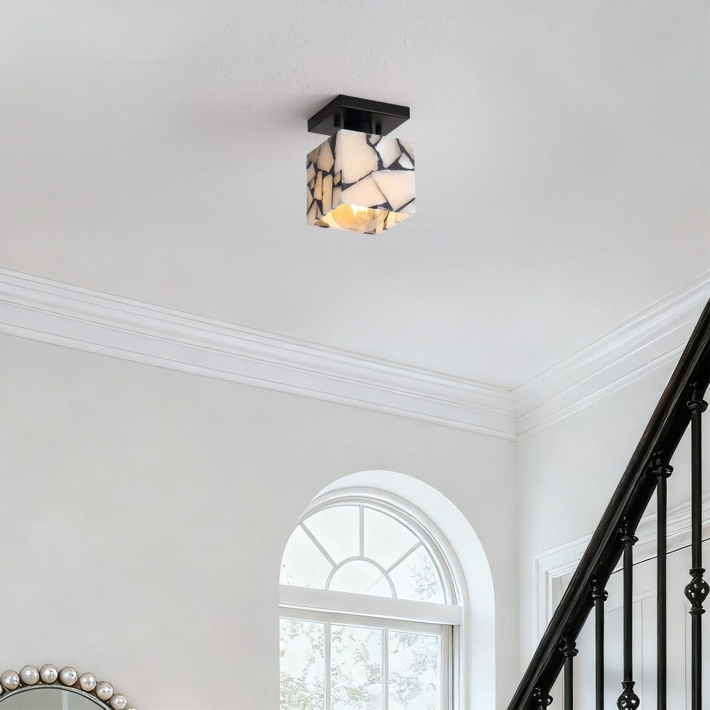 Alabaster 5" 1-Light Modern Contemporary Alabaster/Iron Cube LED Semi Flush Mount