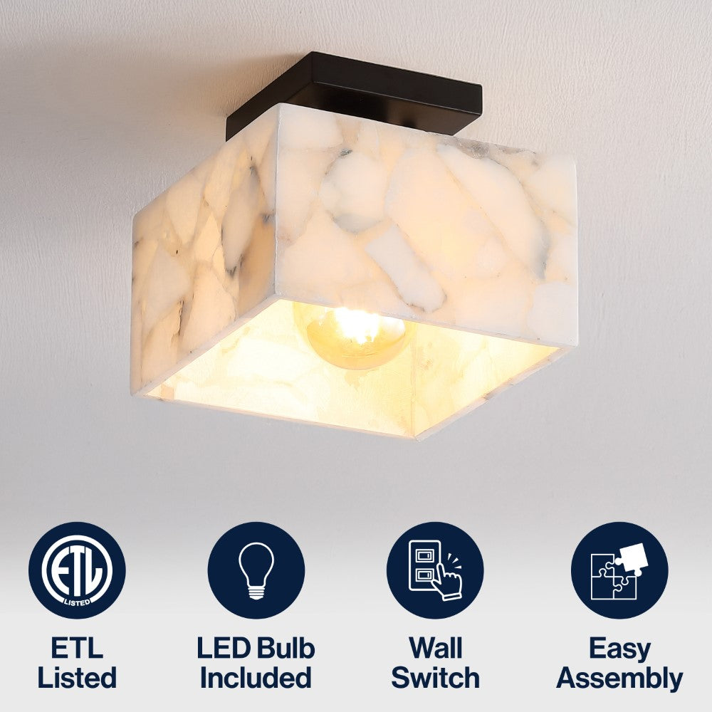 Addis 8" 1-Light Modern Contemporary Alabaster/Iron Square LED Semi Flush Mount