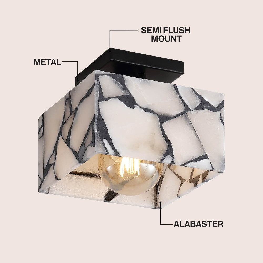 Addis 8" 1-Light Modern Contemporary Alabaster/Iron Square LED Semi Flush Mount