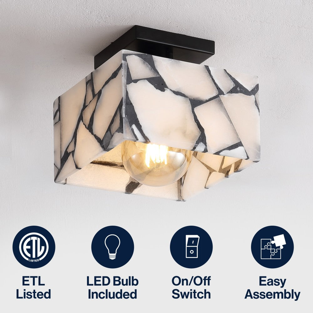 Addis 8" 1-Light Modern Contemporary Alabaster/Iron Square LED Semi Flush Mount