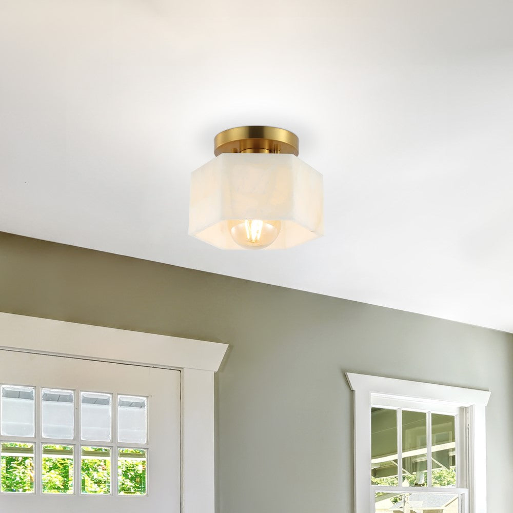 Etta 8" 1-Light Modern Contemporary Alabaster/Iron Hexagonal LED Semi Flush Mount