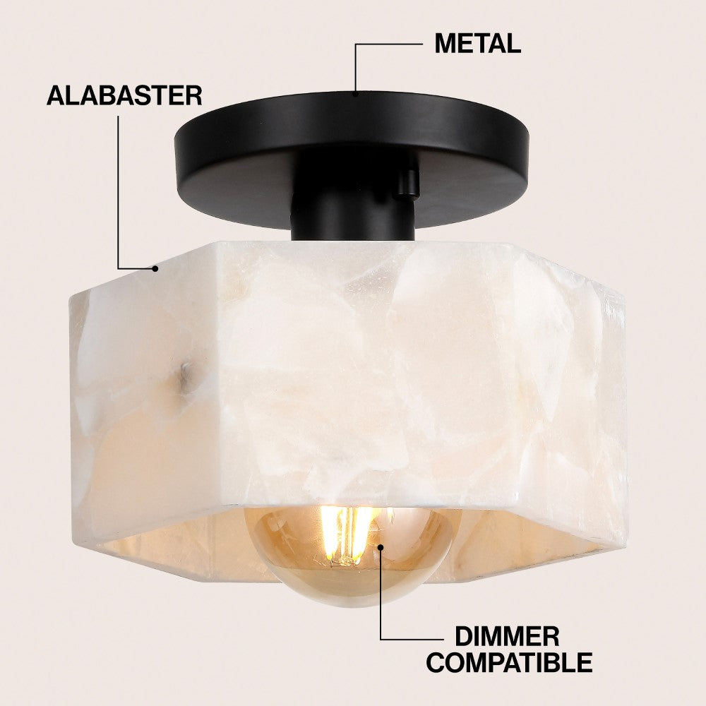 Etta 8" 1-Light Modern Contemporary Alabaster/Iron Hexagonal LED Semi Flush Mount