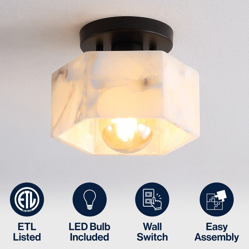 Etta 8" 1-Light Modern Contemporary Alabaster/Iron Hexagonal LED Semi Flush Mount