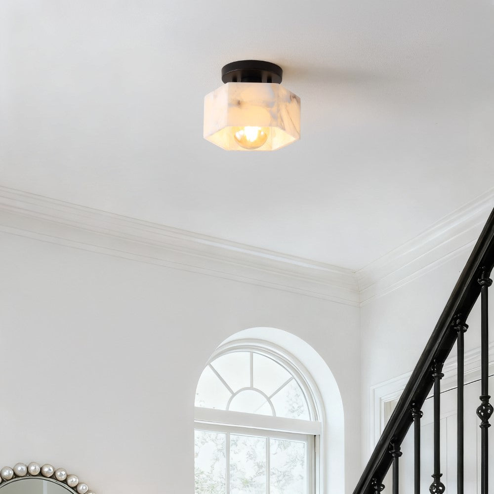 Etta 8" 1-Light Modern Contemporary Alabaster/Iron Hexagonal LED Semi Flush Mount