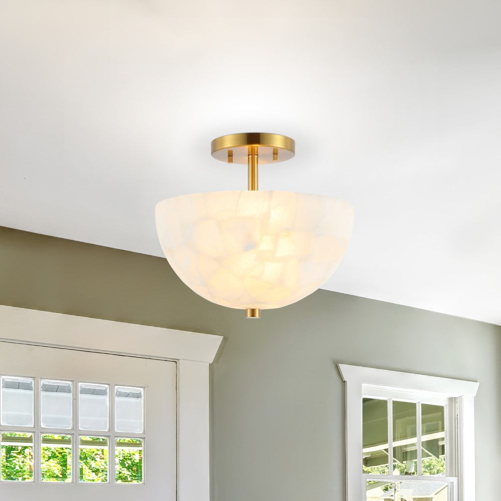 Meyda 11.88" 2-Light Modern Contemporary Alabaster/Iron Inverted Dome LED Semi Flush Mount