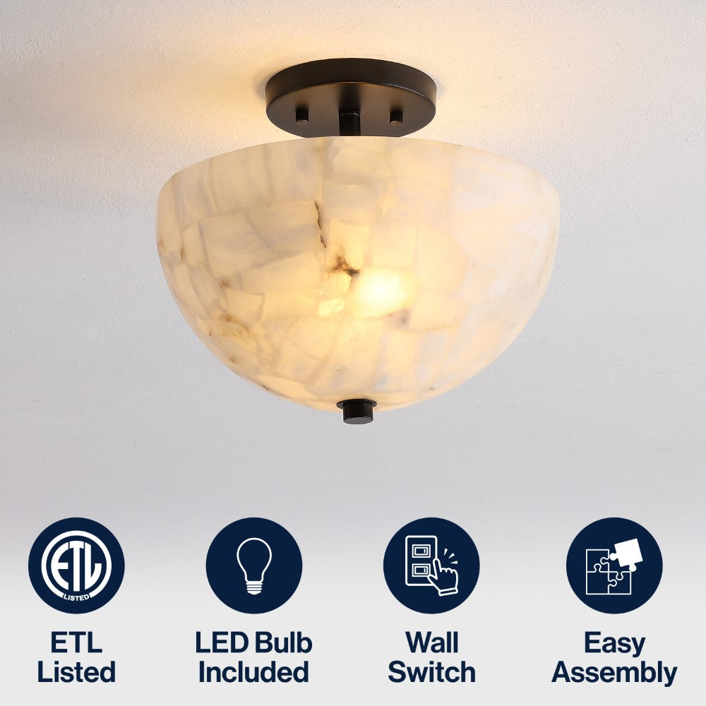 Meyda 11.88" 2-Light Modern Contemporary Alabaster/Iron Inverted Dome LED Semi Flush Mount