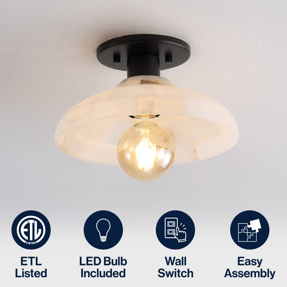 Ankeny 10" 1-Light Mid-Century Classic Alabaster/Iron LED Semi Flush Mount
