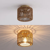 Brindle 8 in. 1-Light Modern Bohemian Metal and Cross Woven Paper Rope Drum LED Flush Mount