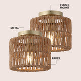 Brindle 8 in. 1-Light Modern Bohemian Metal and Cross Woven Paper Rope Drum LED Flush Mount