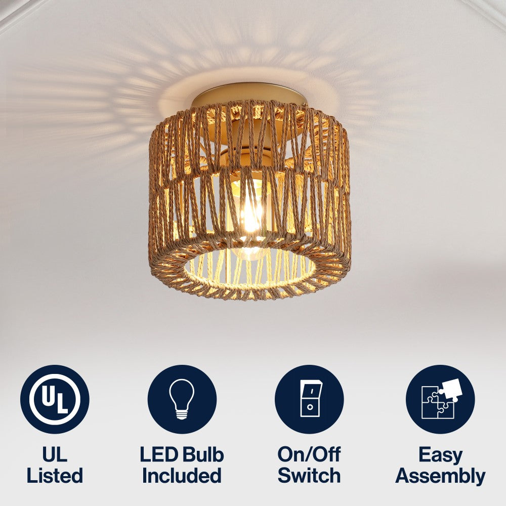 Brindle 8 in. 1-Light Modern Bohemian Metal and Cross Woven Paper Rope Drum LED Flush Mount