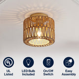 Brindle 8 in. 1-Light Modern Bohemian Metal and Cross Woven Paper Rope Drum LED Flush Mount