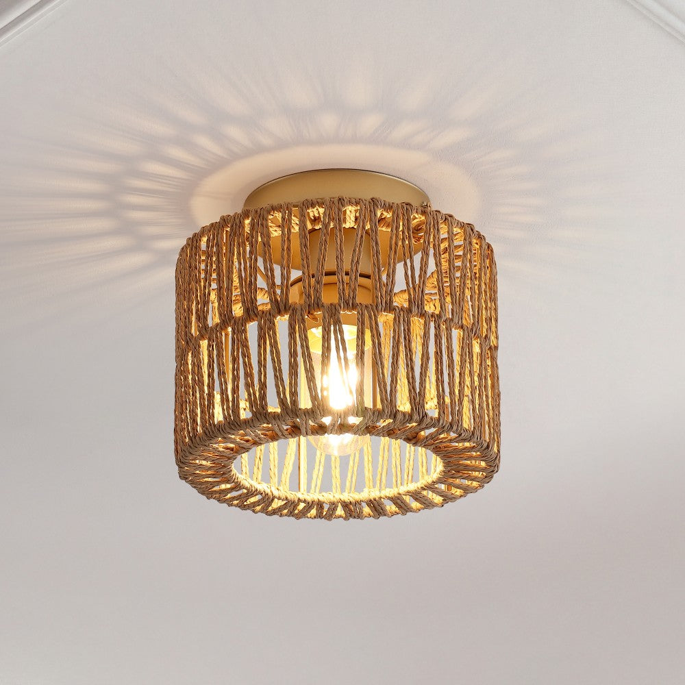 Brindle 8 in. 1-Light Modern Bohemian Metal and Cross Woven Paper Rope Drum LED Flush Mount