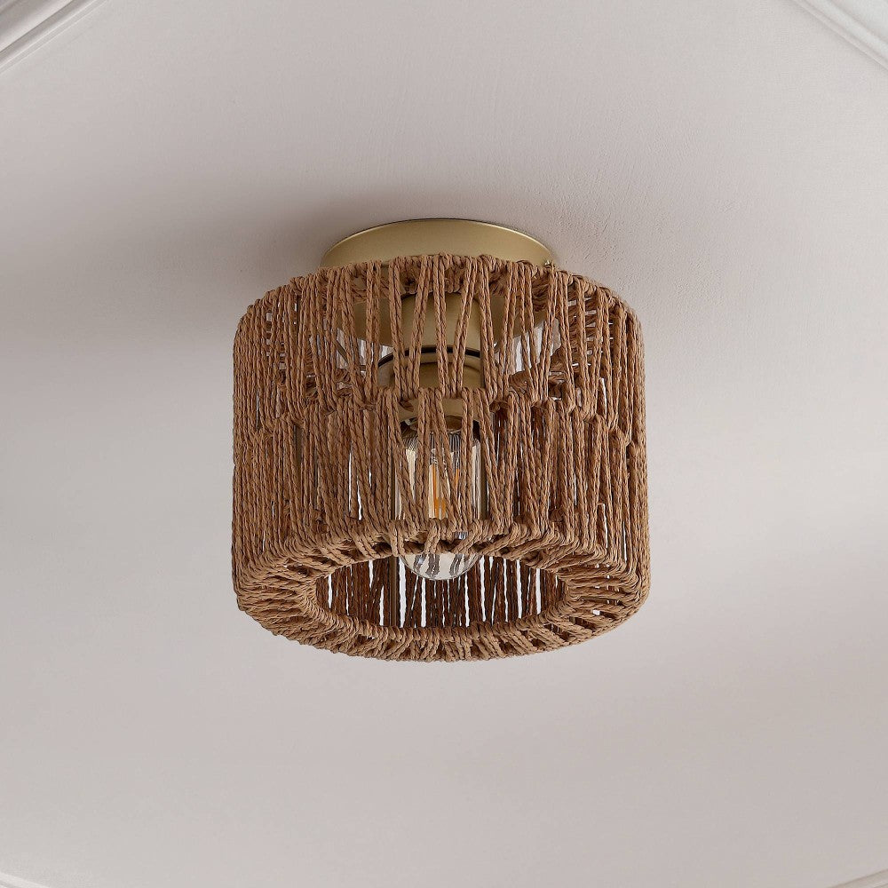 Brindle 8 in. 1-Light Modern Bohemian Metal and Cross Woven Paper Rope Drum LED Flush Mount