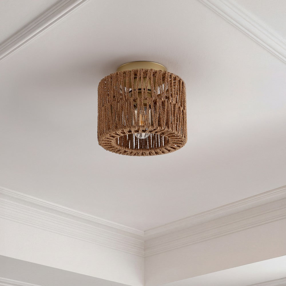 Brindle 8 in. 1-Light Modern Bohemian Metal and Cross Woven Paper Rope Drum LED Flush Mount