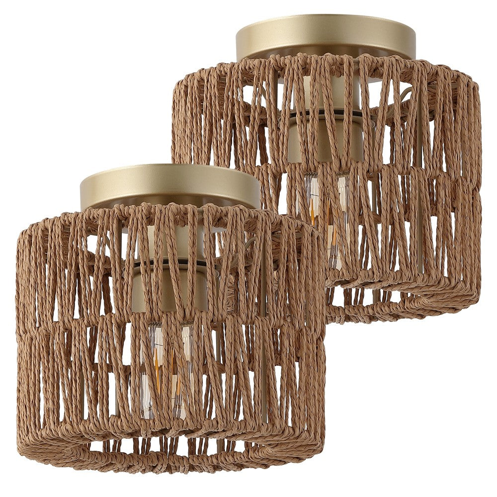 Brindle 8 in. 1-Light Modern Bohemian Metal and Cross Woven Paper Rope Drum LED Flush Mount