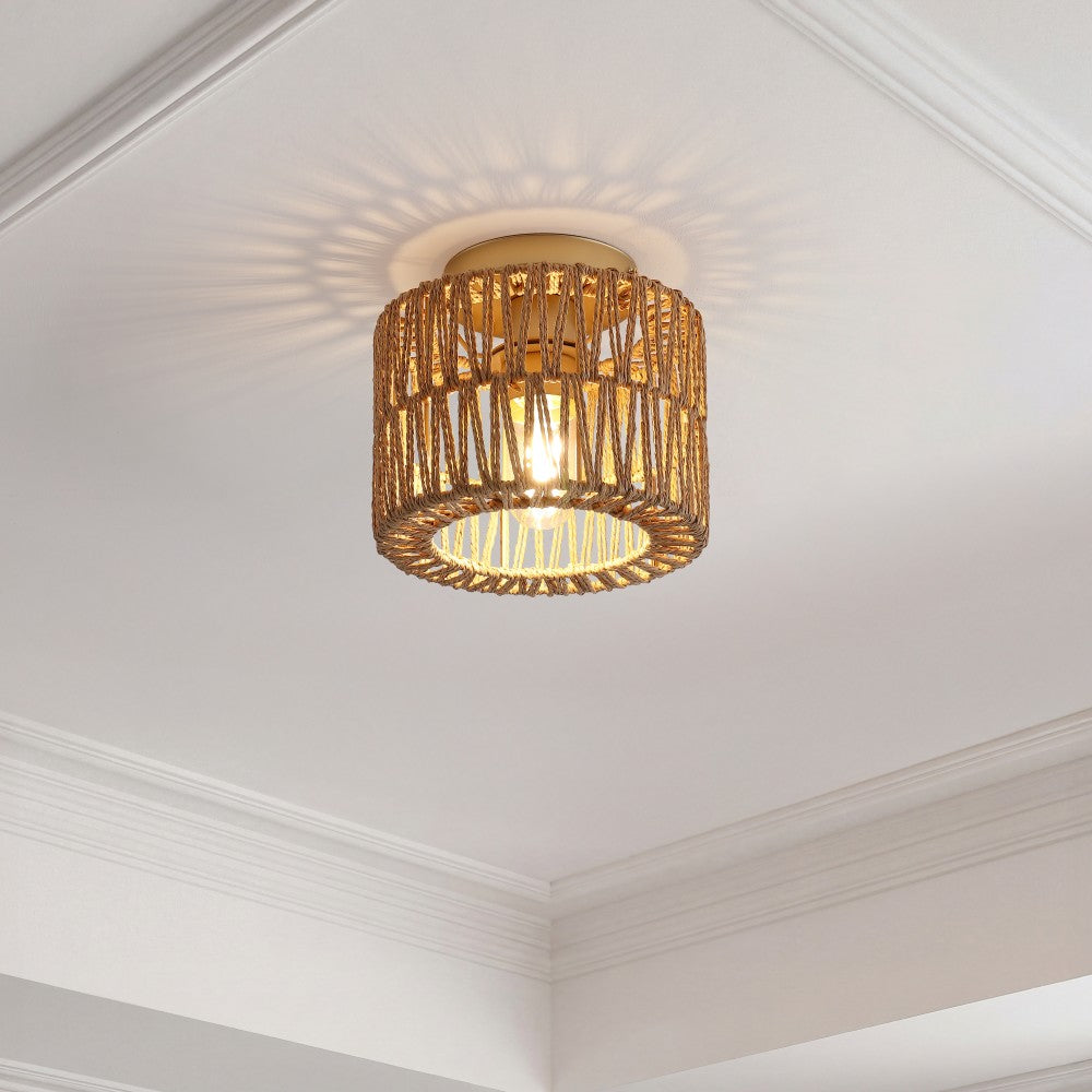 Brindle 8 in. 1-Light Modern Bohemian Metal and Cross Woven Paper Rope Drum LED Flush Mount