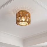 Brindle 8 in. 1-Light Modern Bohemian Metal and Cross Woven Paper Rope Drum LED Flush Mount