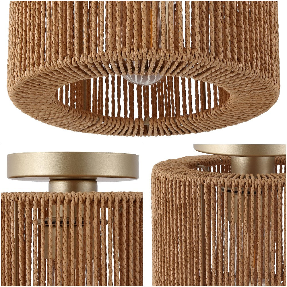 Brindle 8 in. 1-Light Modern Bohemian Metal and Cross Woven Paper Rope Drum LED Flush Mount